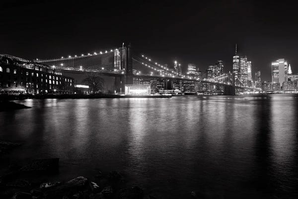 George Oze: Brooklyn Bridge With Lower Manhattan At Night, Brooklyn New York City by George Oze