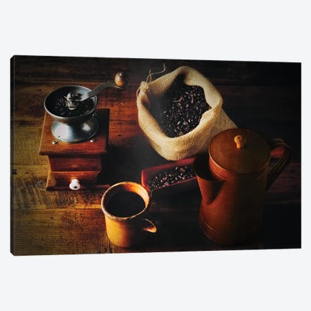 Traditional Coffee Brew, Hand Grinder, Fresh Beans And Classic Cofee Pot Canvas Print #GOZ505} by George Oze Canvas Art Print