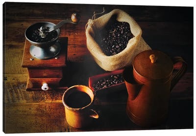 Traditional Coffee Brew, Hand Grinder, Fresh Beans And Classic Cofee Pot Canvas Art Print - Still Life Photography