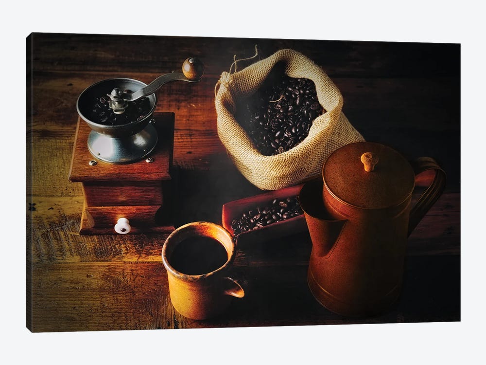 Traditional Coffee Brew, Hand Grinder, Fresh Beans And Classic Cofee Pot by George Oze 1-piece Canvas Art