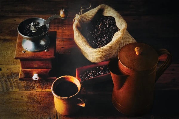 Still Life Photography: Traditional Coffee Brew, Hand Grinder, Fresh Beans And Classic Cofee Pot by George Oze