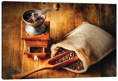 Old Time Coffee Mill With Whole Beans Canvas Art Print - Coffee Art