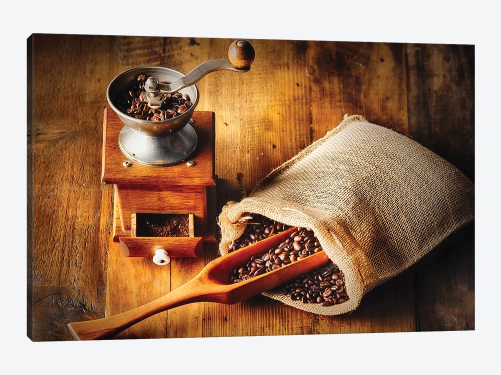 Old Time Coffee Mill With Whole Beans by George Oze 1-piece Canvas Wall Art