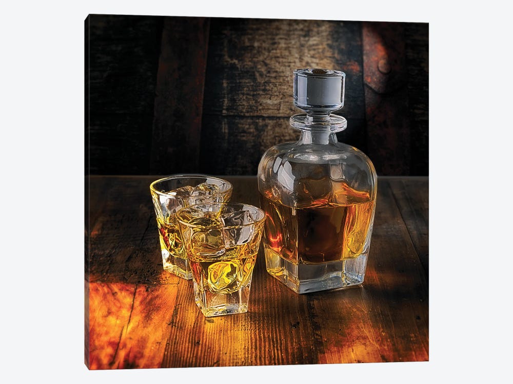 A Whiskey Bottle And Two Glasses On The Rocks On A Wooden Table by George Oze 1-piece Canvas Wall Art