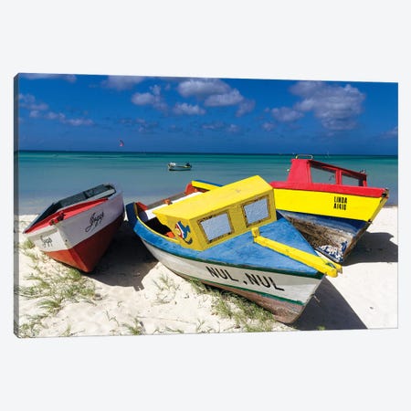 Three Colorful Fishing Boats On The Dunes, Aruba Canvas Print #GOZ510} by George Oze Canvas Art Print