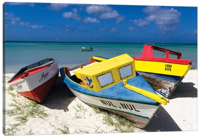 Three Colorful Fishing Boats On The Dunes, Aruba Canvas Art Print - George Oze