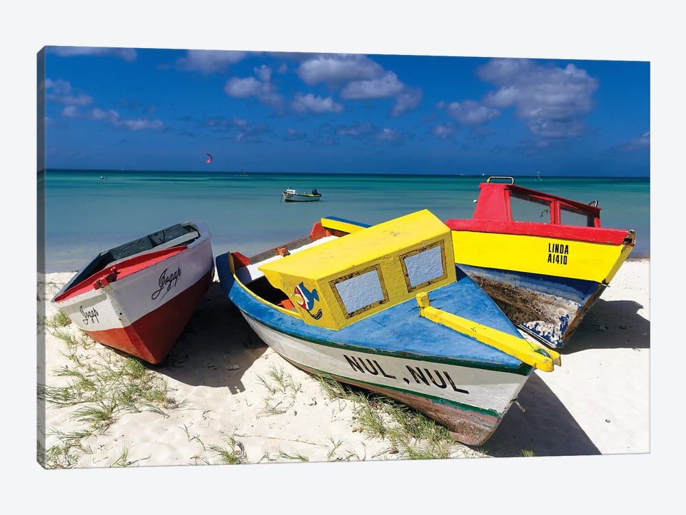 Three Colorful Fishing Boats On The Dunes, Aruba by George Oze 1-piece Canvas Art