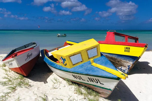 Aruba: Three Colorful Fishing Boats On The Dunes, Aruba by George Oze
