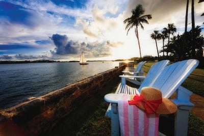 Hamilton Bay Sunset With Lounge Chairs Bermuda by George Oze metal wall art