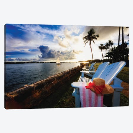 Hamilton Bay Sunset With Lounge Chairs Bermuda Canvas Print #GOZ512} by George Oze Canvas Print