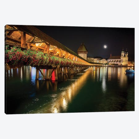 Scenic Night View Of The Chapel Bridge In Old Town Lucerne, Switzerland Canvas Print #GOZ515} by George Oze Canvas Artwork