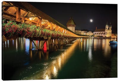 Scenic Night View Of The Chapel Bridge In Old Town Lucerne, Switzerland Canvas Art Print - George Oze