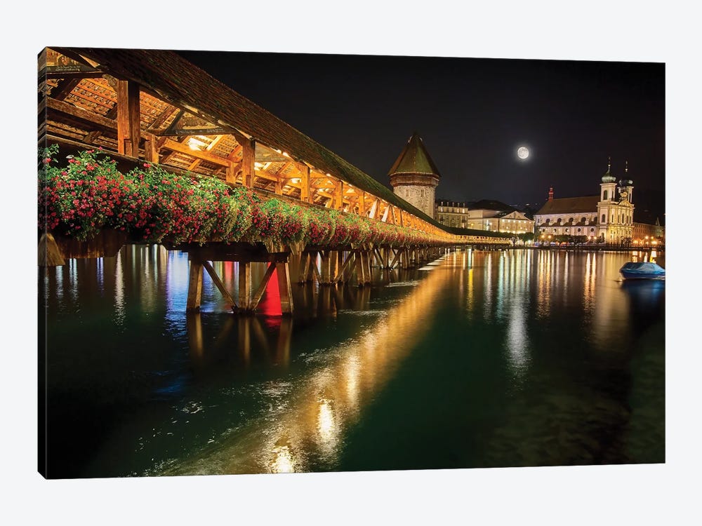 Scenic Night View Of The Chapel Bridge In Old Town Lucerne, Switzerland by George Oze 1-piece Canvas Art Print
