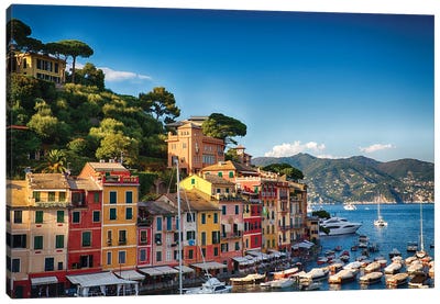 Colorful Harbor Houses In Portofino, Liguria, Italy Canvas Art Print - Genoa