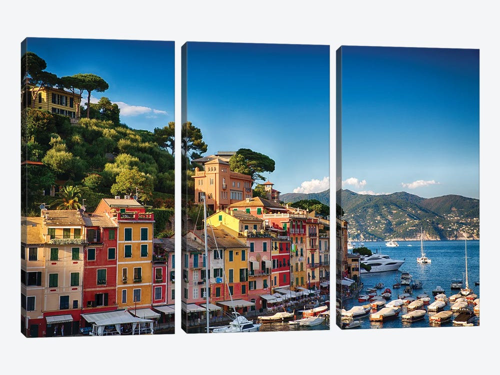 Colorful Harbor Houses In Portofino, Liguria, Italy by George Oze 3-piece Canvas Print
