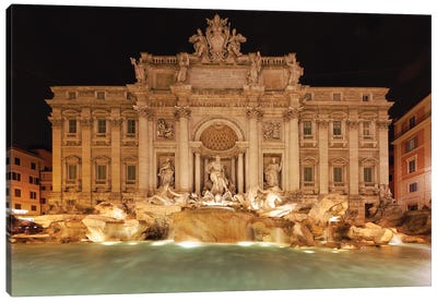 Night View Of The Trevi Fountain, Rome, Italy Canvas Art Print - Fountain Art