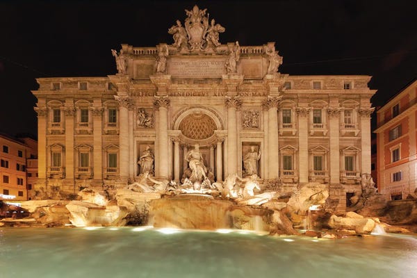 Fountains: Night View Of The Trevi Fountain, Rome, Italy by George Oze