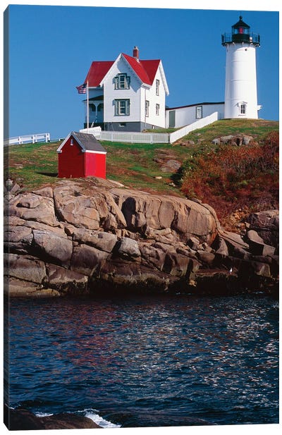 Vertical View Of The Cape Neddick Lighthouse, York, Maine Canvas Art Print - Lighthouse Art