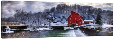 Winter Landscape With A Red Grist Mill, Clinton, New Jersey Canvas Art Print - New Jersey Art