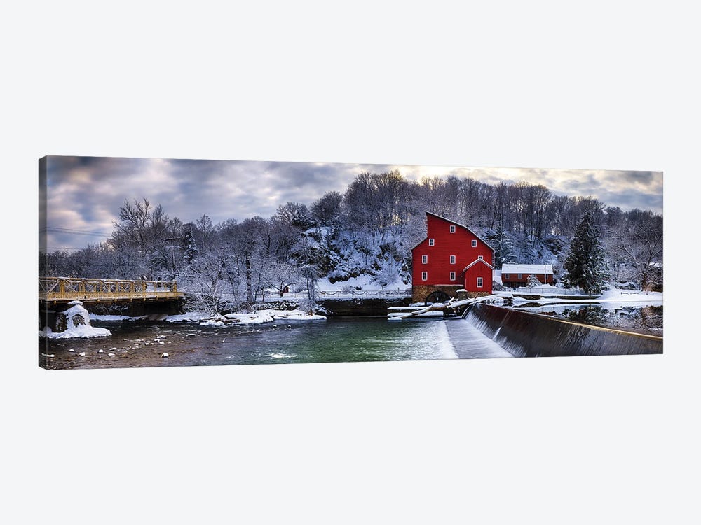 Winter Landscape With A Red Grist Mill, Clinton, New Jersey by George Oze 1-piece Canvas Print