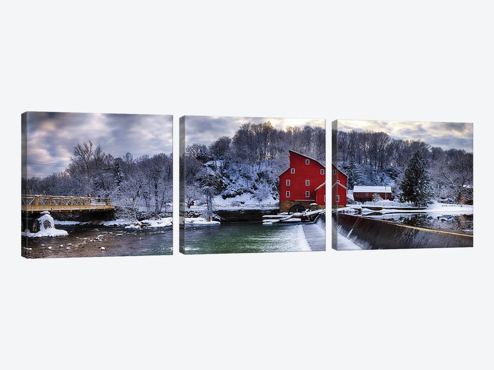 Winter Landscape With A Red Grist Mill, Clinton, New Jersey by George Oze 3-piece Canvas Art Print