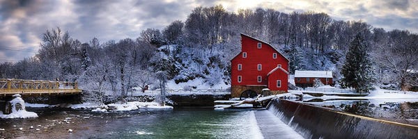 New Jersey: Winter Landscape With A Red Grist Mill, Clinton, New Jersey by George Oze