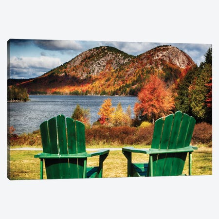 Two Adirondack Chairs at Jordan Pond, Mt, Desert Island, Acadia National Park, Maine Canvas Print #GOZ529} by George Oze Canvas Wall Art