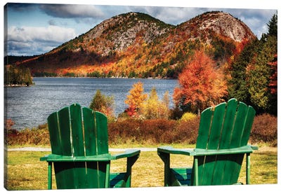 Two Adirondack Chairs at Jordan Pond, Mt, Desert Island, Acadia National Park, Maine Canvas Art Print - Maine Art