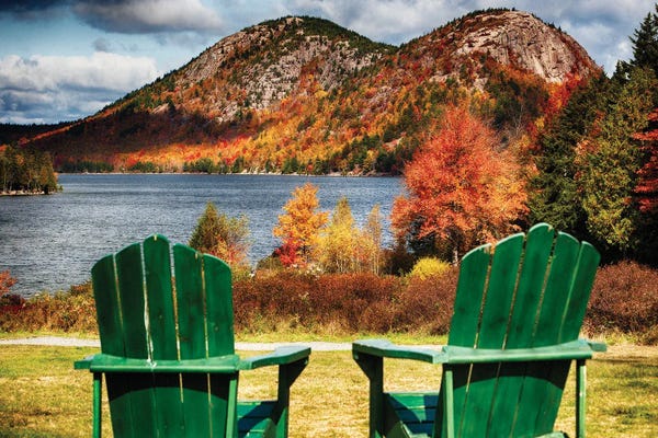 Maine: Two Adirondack Chairs at Jordan Pond, Mt, Desert Island, Acadia National Park, Maine by George Oze