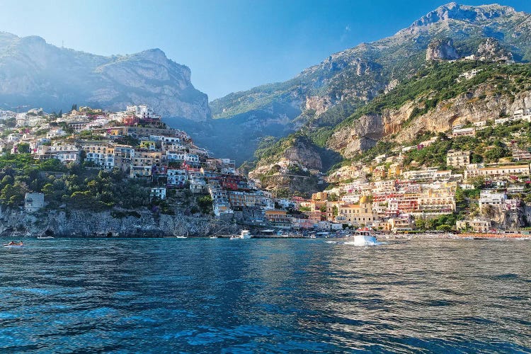 Coastal View of Positano from The Sea, Amalfi Coast, Campania, Italy