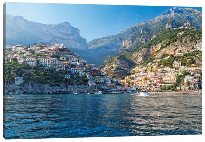 Coastal View of Positano from The Sea, Amalfi Coast, Campania, Italy Canvas Art Print - Italy Art