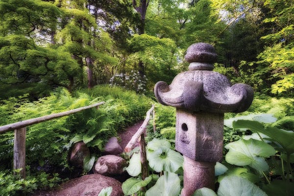 George Oze: Japanese Garden Path With A Stone Lantern At Spring by George Oze