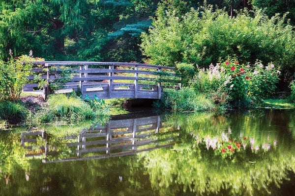 George Oze: Garden Pond With A Footbridge by George Oze