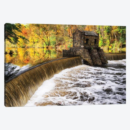 Dam And Waterfall On Speedwell Lake During Autumn, New Jersey Canvas Print #GOZ536} by George Oze Canvas Artwork