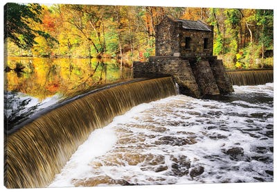 Dam And Waterfall On Speedwell Lake During Autumn, New Jersey Canvas Art Print - New Jersey Art