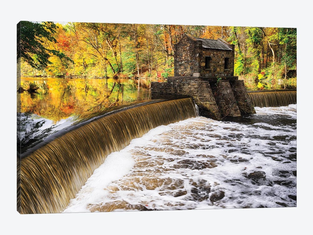 Dam And Waterfall On Speedwell Lake During Autumn, New Jersey by George Oze 1-piece Canvas Artwork