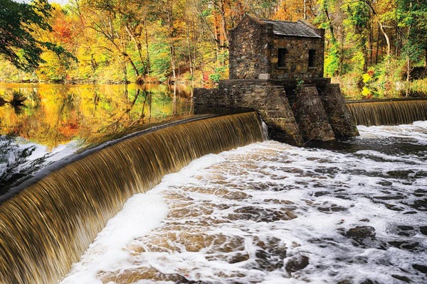 New Jersey: Dam And Waterfall On Speedwell Lake During Autumn, New Jersey by George Oze