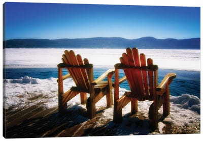 Two Adirondack Chairs In Winter, Lake George, New York Canvas Art Print - George Oze