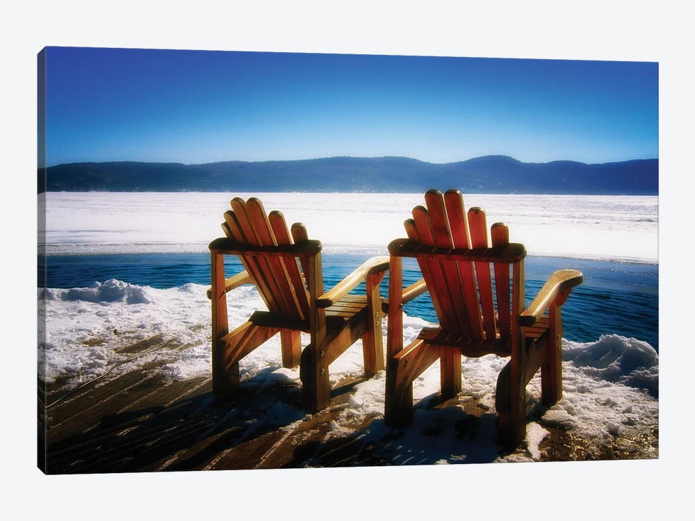 Two Adirondack Chairs In Winter, Lake George, New York by George Oze 1-piece Canvas Print