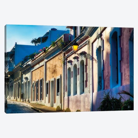 Cobblestone Street with Colorful Houses in Late Afternoon Light, San Juan, Puerto Rico Canvas Print #GOZ53} by George Oze Canvas Wall Art