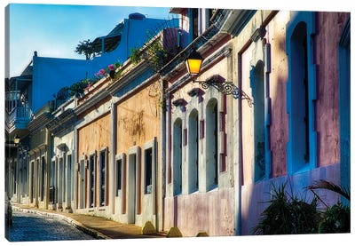 Cobblestone Street with Colorful Houses in Late Afternoon Light, San Juan, Puerto Rico Canvas Art Print - San Juan