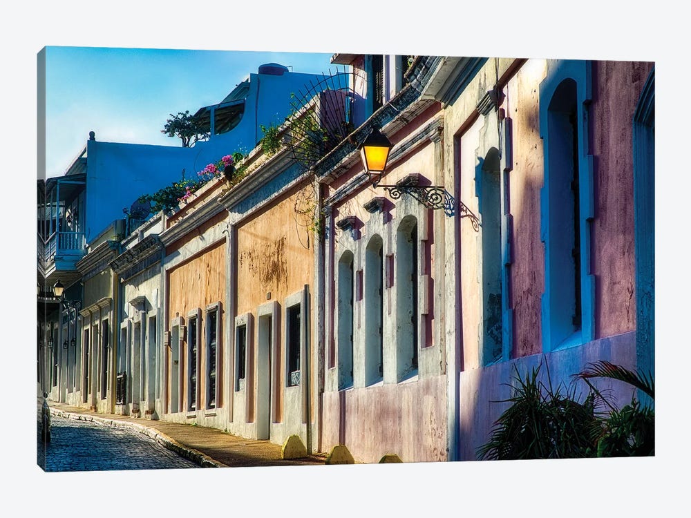 Cobblestone Street with Colorful Houses in Late Afternoon Light, San Juan, Puerto Rico by George Oze 1-piece Art Print