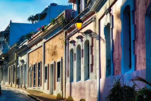 George Oze: Cobblestone Street with Colorful Houses in Late Afternoon Light, San Juan, Puerto Rico by George Oze
