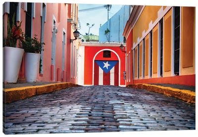 Cobblestone Street In Old San Juan, Puerto Rico Canvas Art Print - Urban Scenic Photography