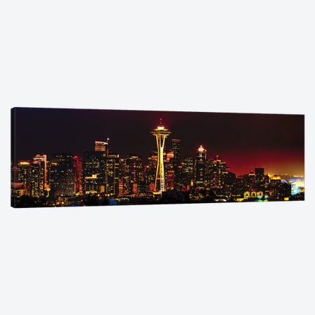 Seattle Skyline Panorama At Night Canvas Print #GOZ555} by George Oze Canvas Artwork