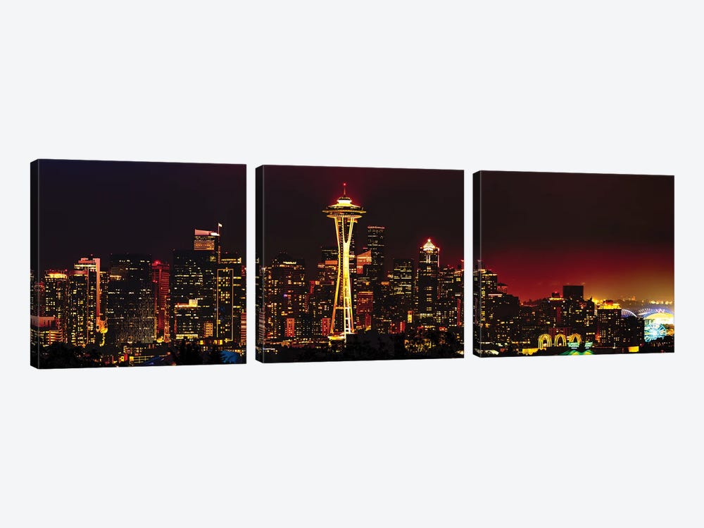 Seattle Skyline Panorama At Night by George Oze 3-piece Canvas Art Print