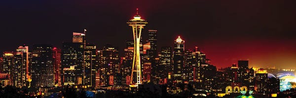 Washington: Seattle Skyline Panorama At Night by George Oze