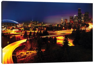 Seattle At Night With Freeways Passing Through Canvas Art Print - Seattle Art