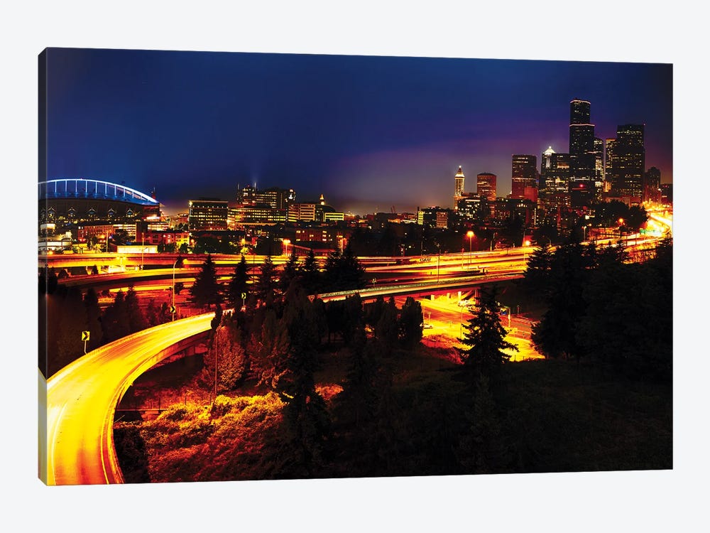 Seattle At Night With Freeways Passing Through by George Oze 1-piece Canvas Artwork