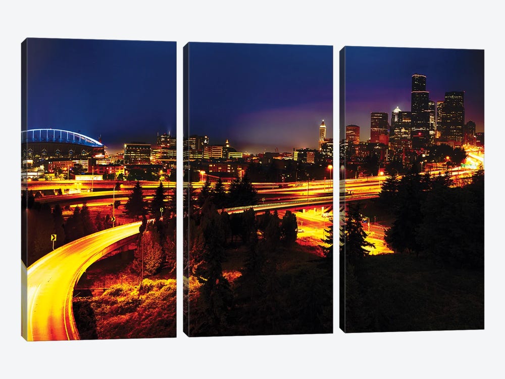 Seattle At Night With Freeways Passing Through by George Oze 3-piece Canvas Artwork